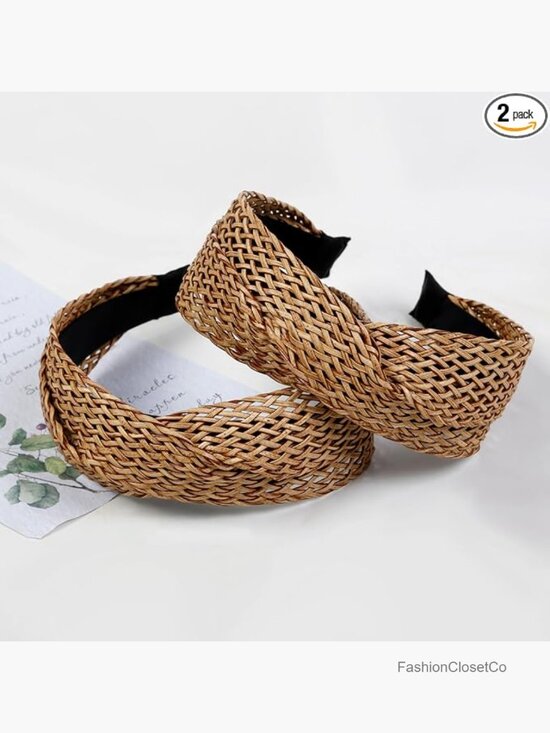 2 Pack Woven Straw Twist Hairbands Boho Non Slip Wide Headbands main image 4